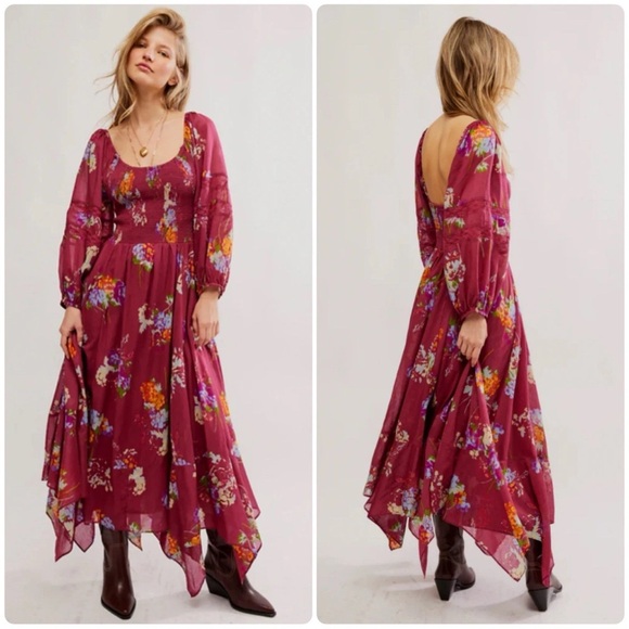 Free People Dresses & Skirts - Free People Morning Glory Floral Maxi Dress Earth Red Smocked Handkerchief M